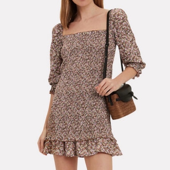 Faithfull The Brand Es Saada Brown and Pink Floral Shirred Puff Sleeve Dress - Picture 1 of 6